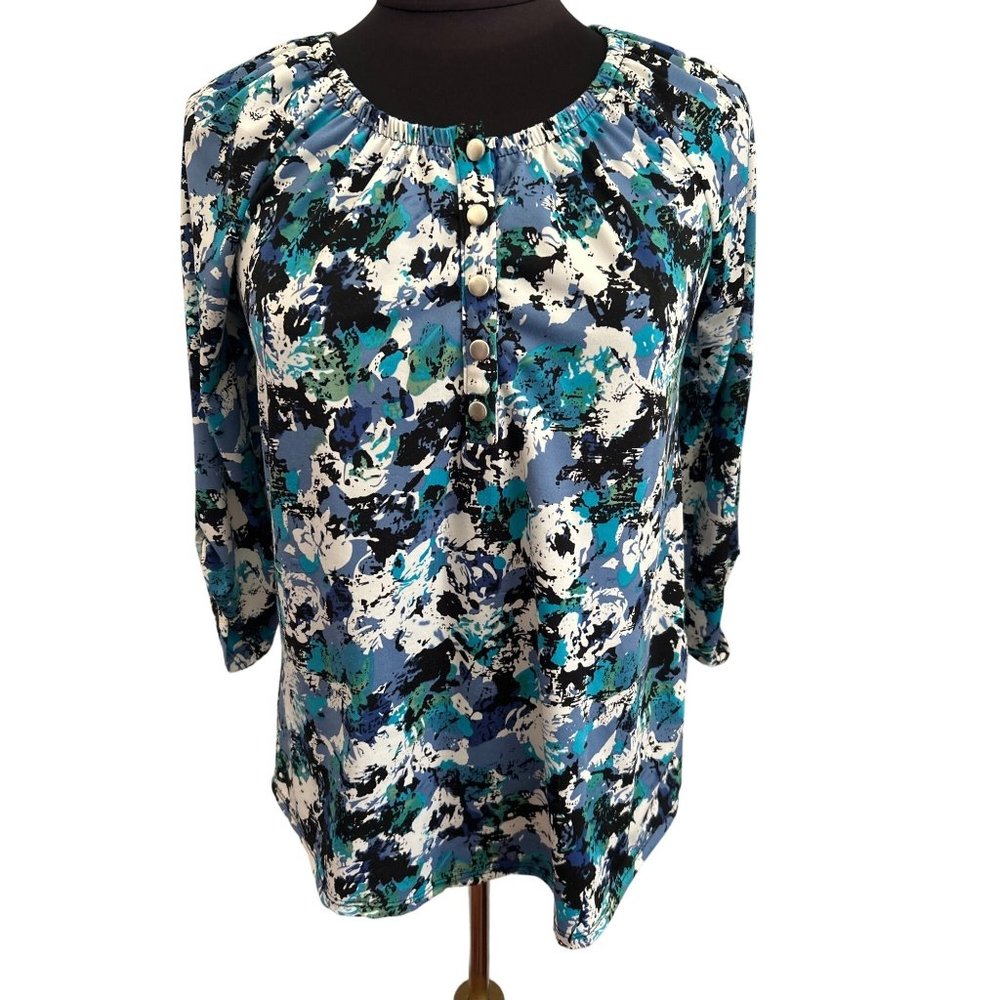 Notations blue & White Print Top With Roll Tab Sleeves, Size Small